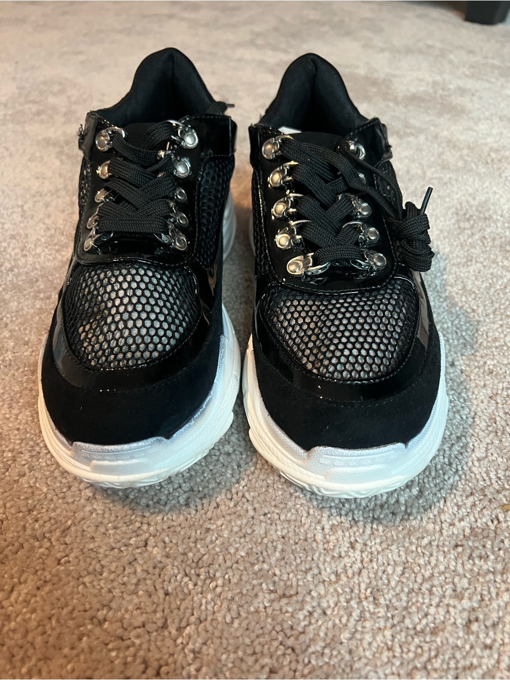 Mens Black Mesh & Suede Platform Lace-Up Sneakers